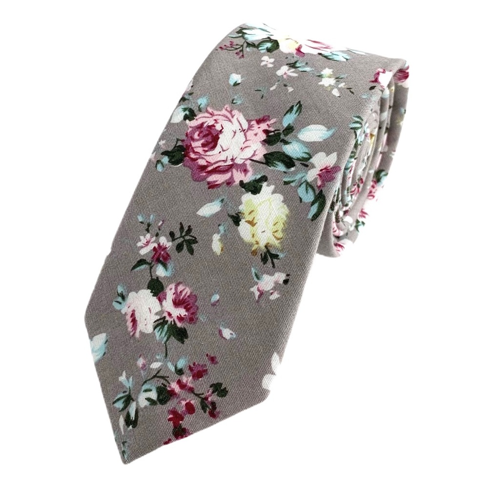 Men's Gray & Pink Floral Slim Necktie